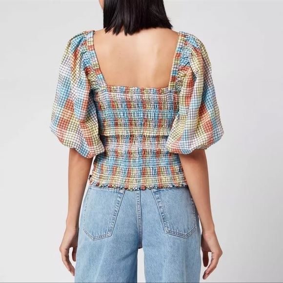 GANNI Smocked Check Puff Sleeve Top In Multi Women's Size 34 US 2 - Picture 3 of 11